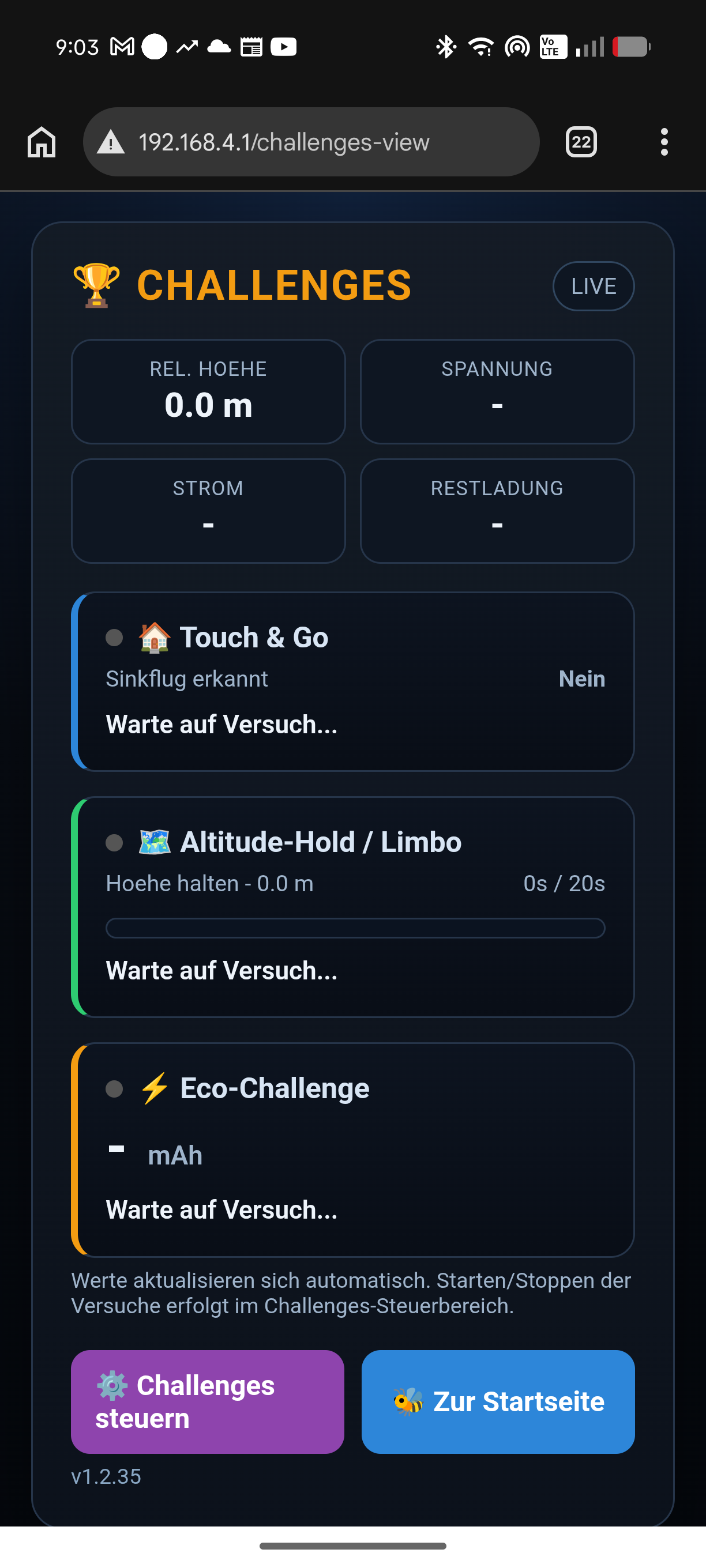 Live-Ansicht der Challenges Touch & Go, Altitude-Hold und Eco-Challenge