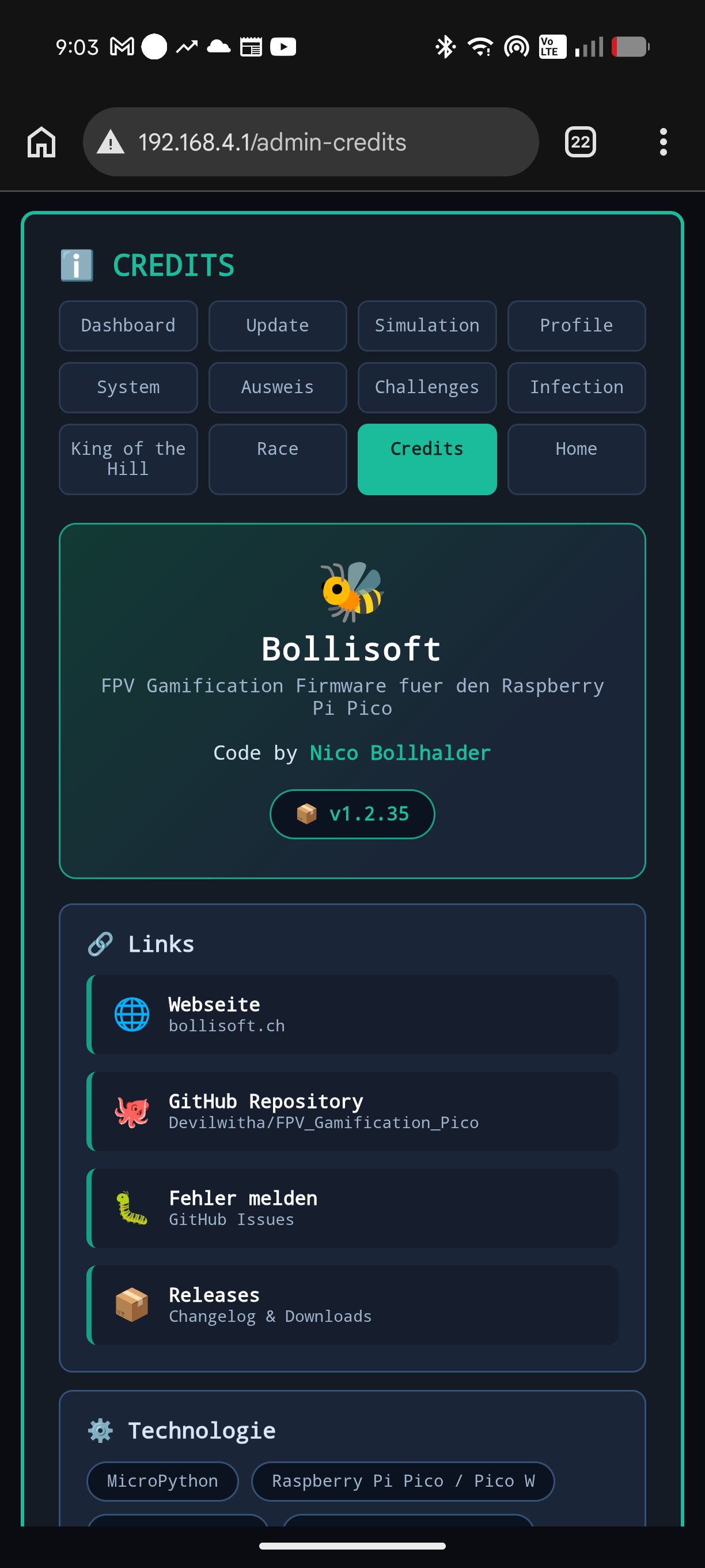 Credits-Seite mit Versionsstand und Links zu GitHub