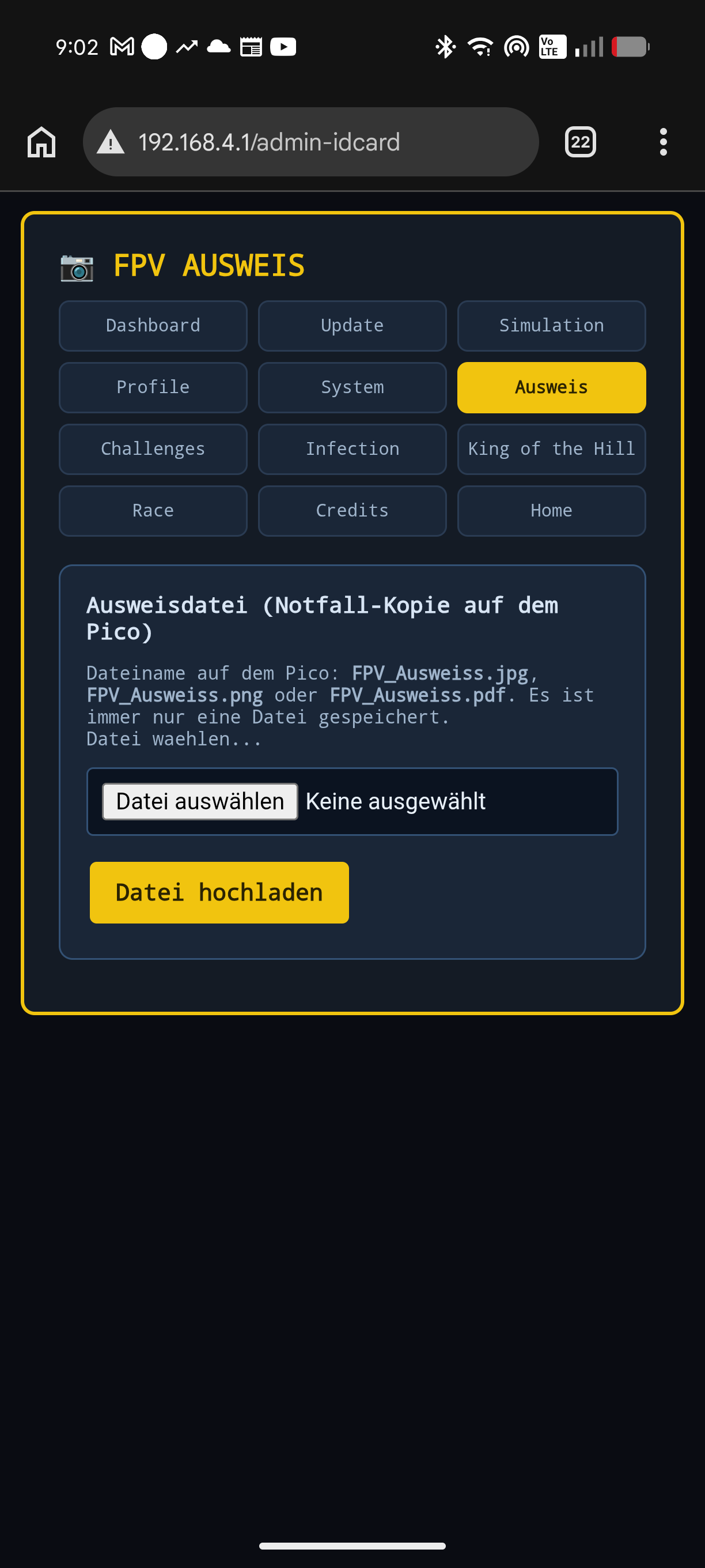 Upload-Seite für den FPV-Ausweis als Notfall-Kopie