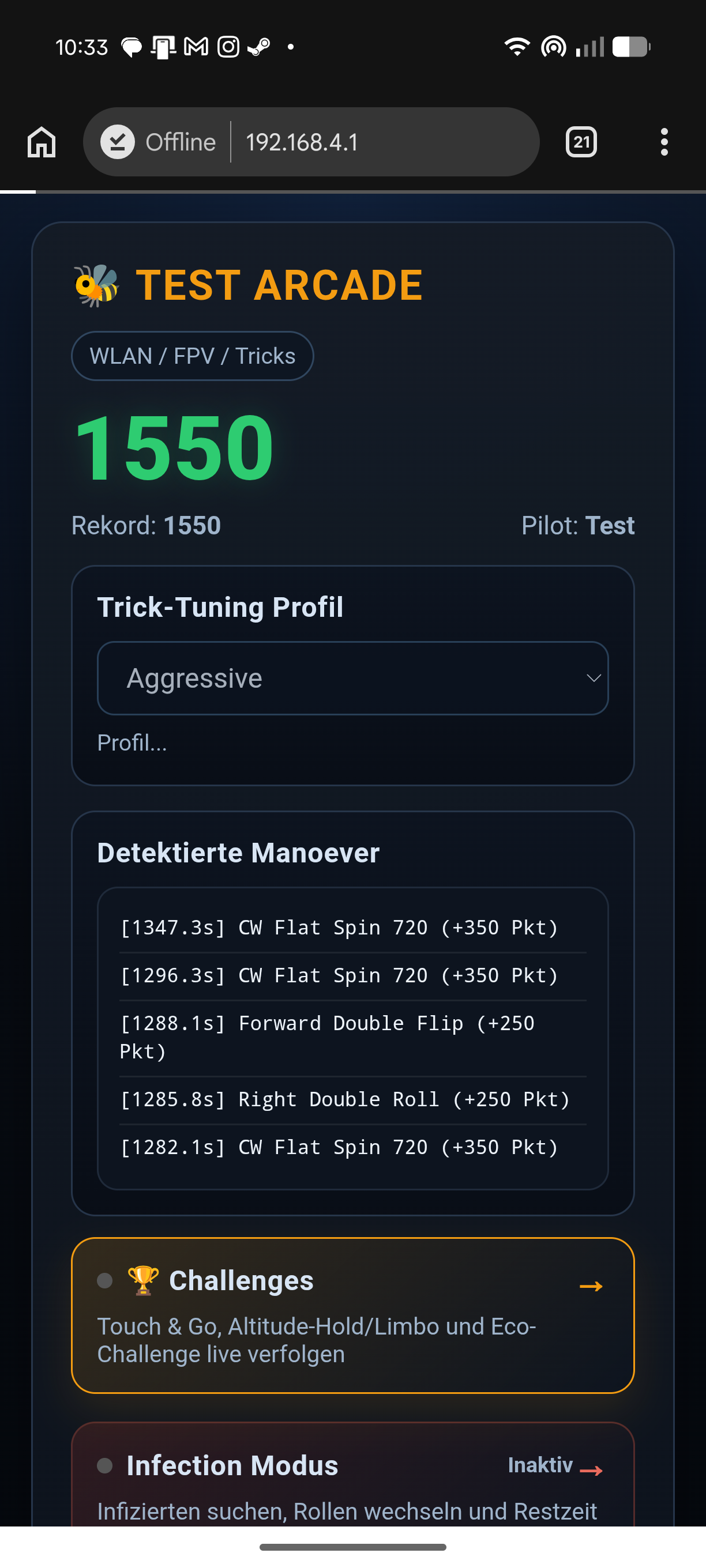 Startseite mit Highscore 1550 und Liste erkannter Tricks