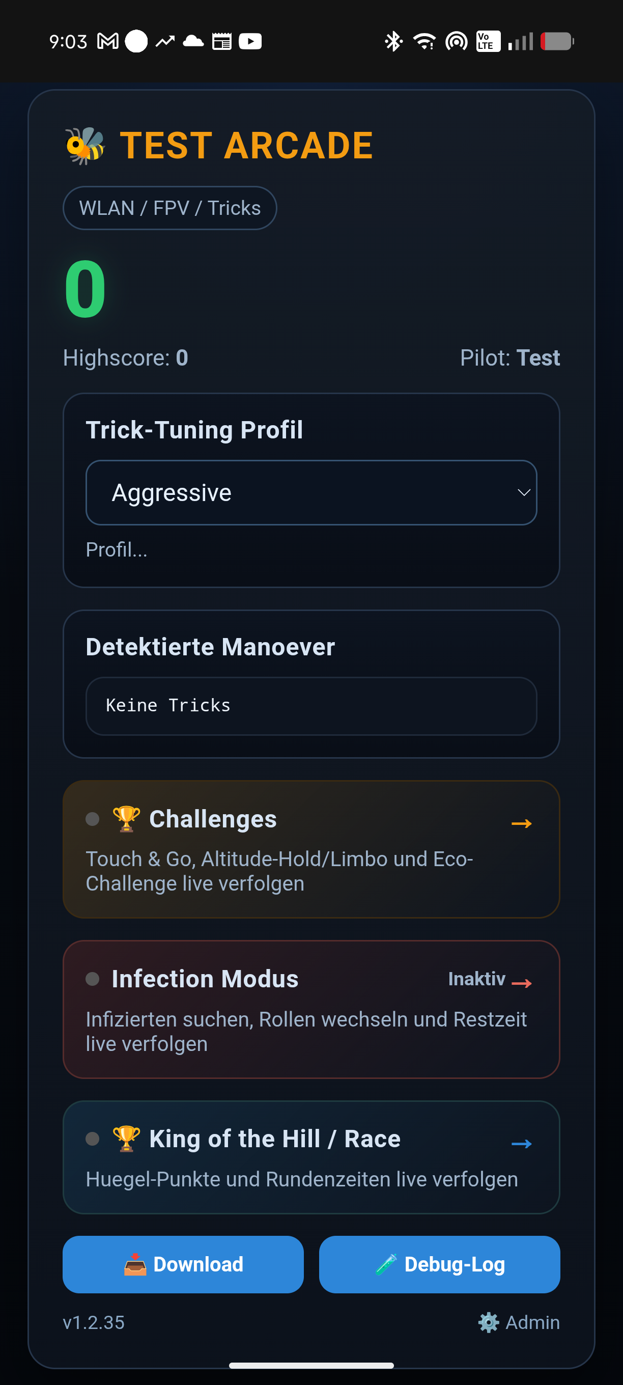 Startseite Test Arcade mit Highscore und Trick-Tuning-Profil