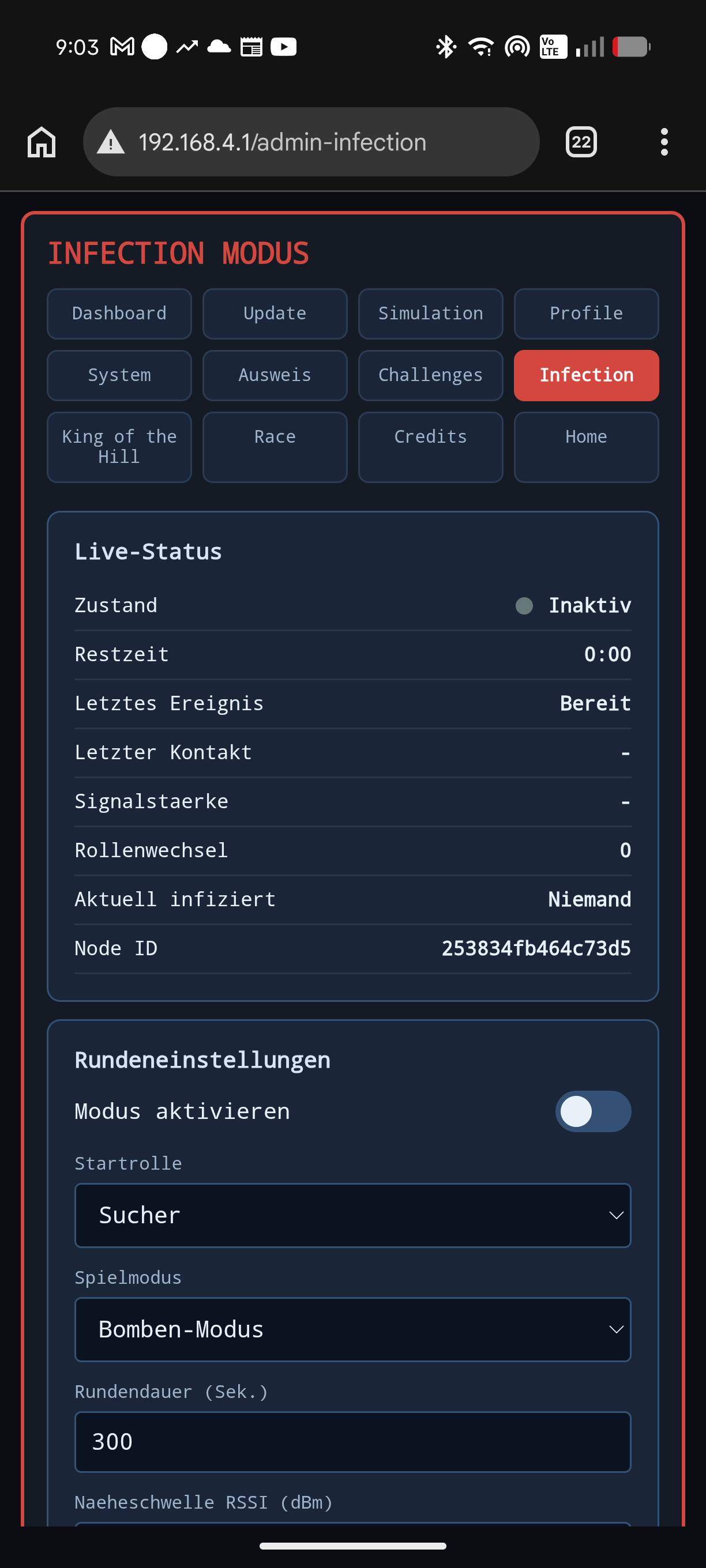Einstellungsseite für den Infection-Modus