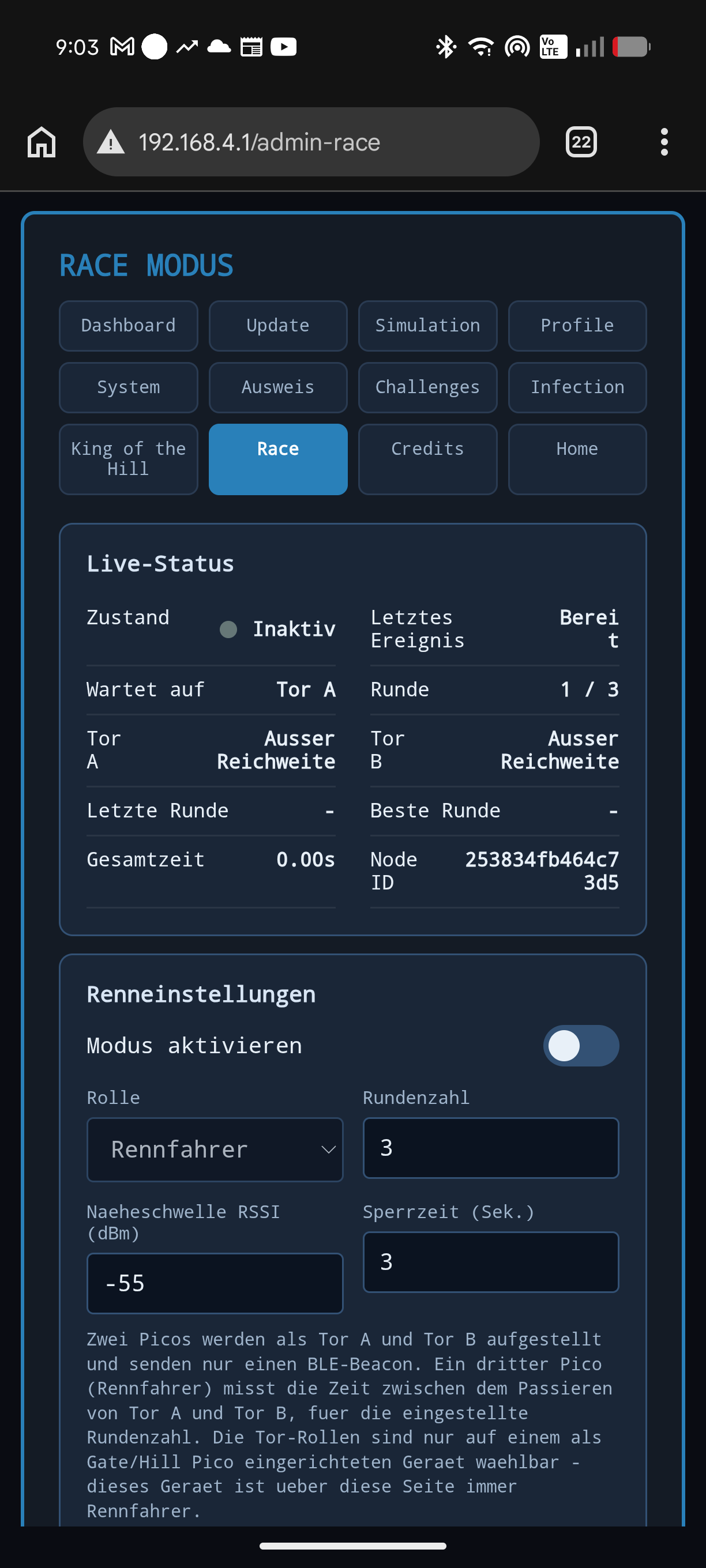 Einstellungsseite für den Race-Modus mit Live-Status