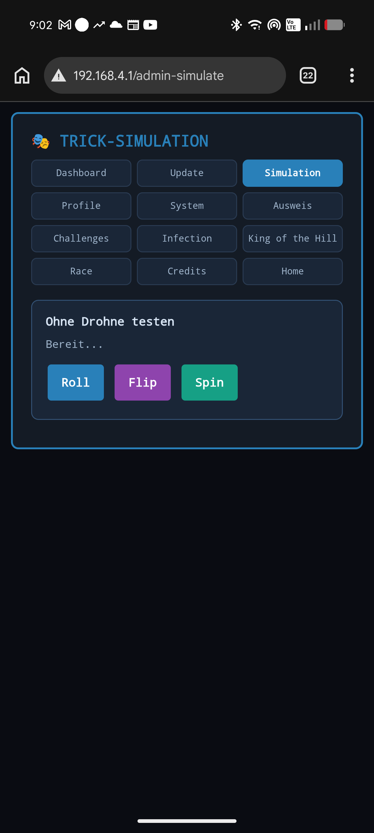 Trick-Simulation ohne Drohne mit Roll-, Flip- und Spin-Buttons